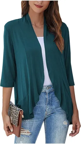Women's Casual Lightweight Open Front Cardigans Soft Draped Ruffles 3/4 Sleeve Cardigan