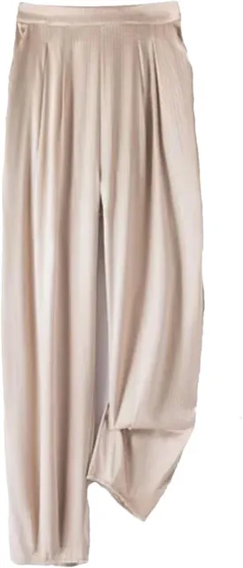 Women's High Waist Wide Leg Pants Mulberry Silk Satin Elastic Cropped Casual Trousers with Pocket