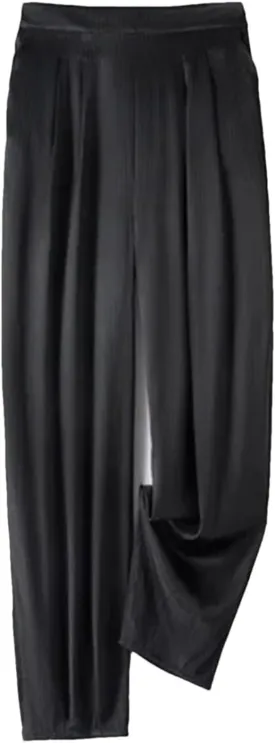Women's High Waist Wide Leg Pants Mulberry Silk Satin Elastic Cropped Casual Trousers with Pocket