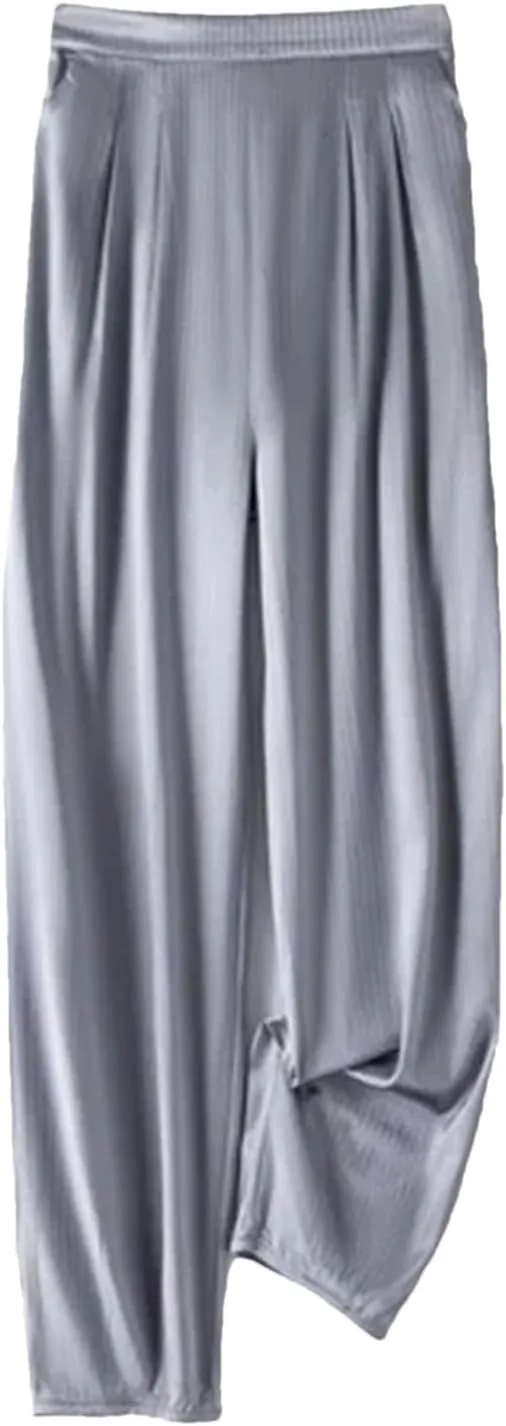 Women's High Waist Wide Leg Pants Mulberry Silk Satin Elastic Cropped Casual Trousers with Pocket