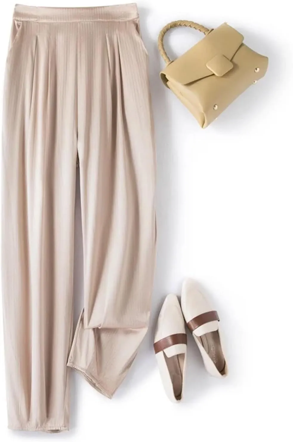 Women's High Waist Wide Leg Pants Mulberry Silk Satin Elastic Cropped Casual Trousers with Pocket