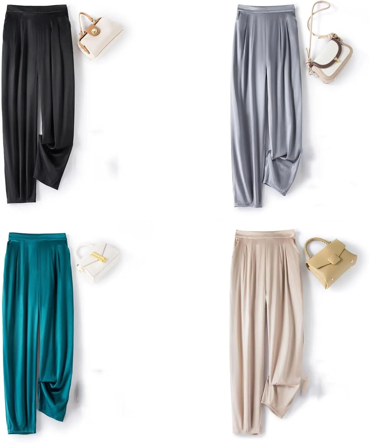 Women's High Waist Wide Leg Pants Mulberry Silk Satin Elastic Cropped Casual Trousers with Pocket
