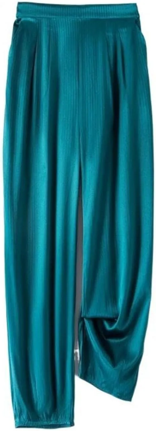 Women's High Waist Wide Leg Pants Mulberry Silk Satin Elastic Cropped Casual Trousers with Pocket