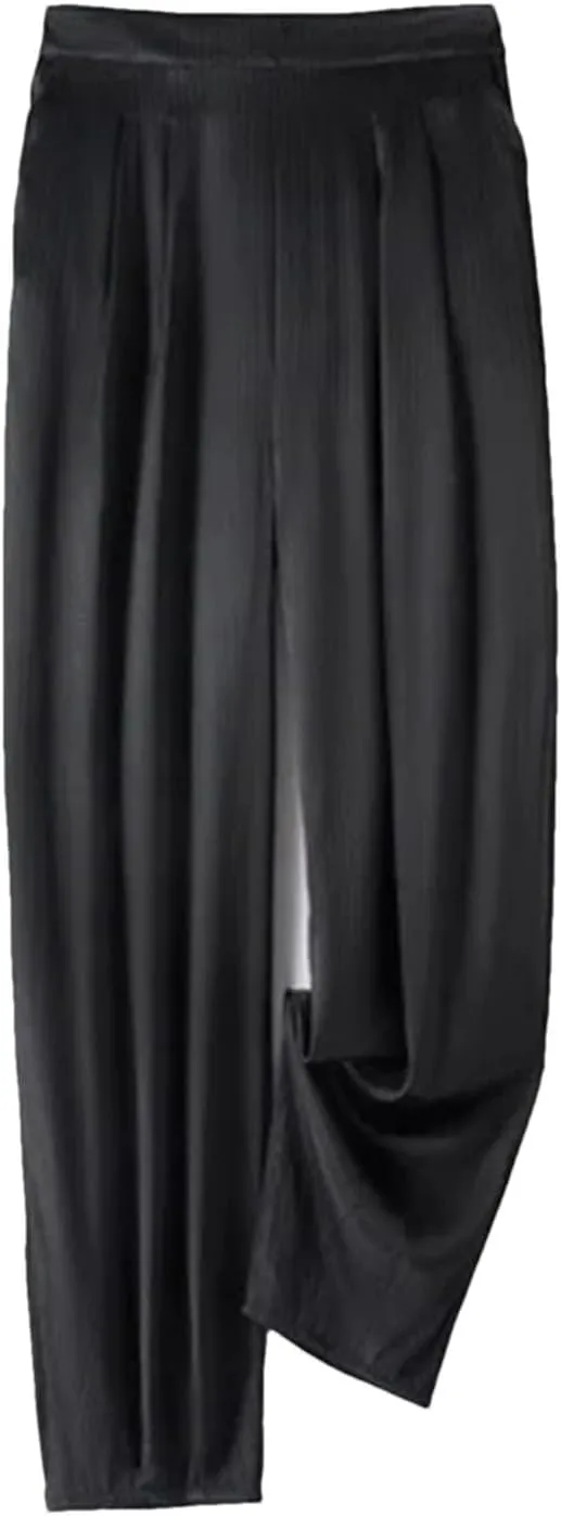Women's High Waist Wide Leg Pants Mulberry Silk Satin Elastic Cropped Casual Trousers with Pocket