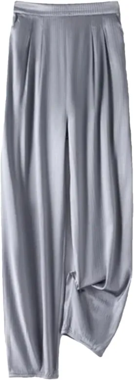 Women's High Waist Wide Leg Pants Mulberry Silk Satin Elastic Cropped Casual Trousers with Pocket