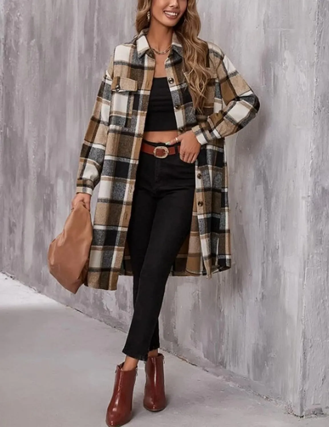 Women's Long Plaid Shirt Jacket Shacket Casual Lapel Button Down Wool Blend Tartan Trench Coat with Pockets