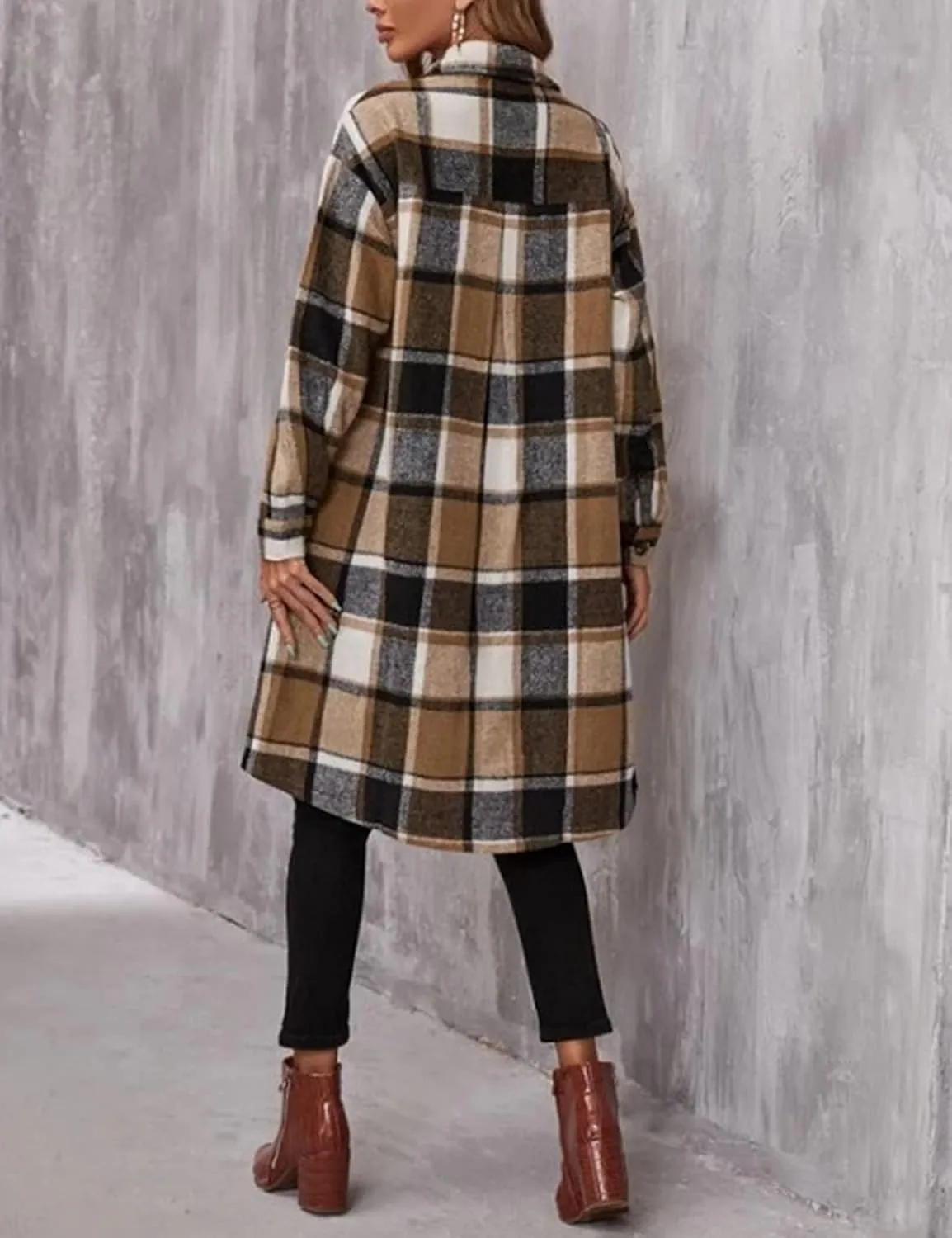 Women's Long Plaid Shirt Jacket Shacket Casual Lapel Button Down Wool Blend Tartan Trench Coat with Pockets