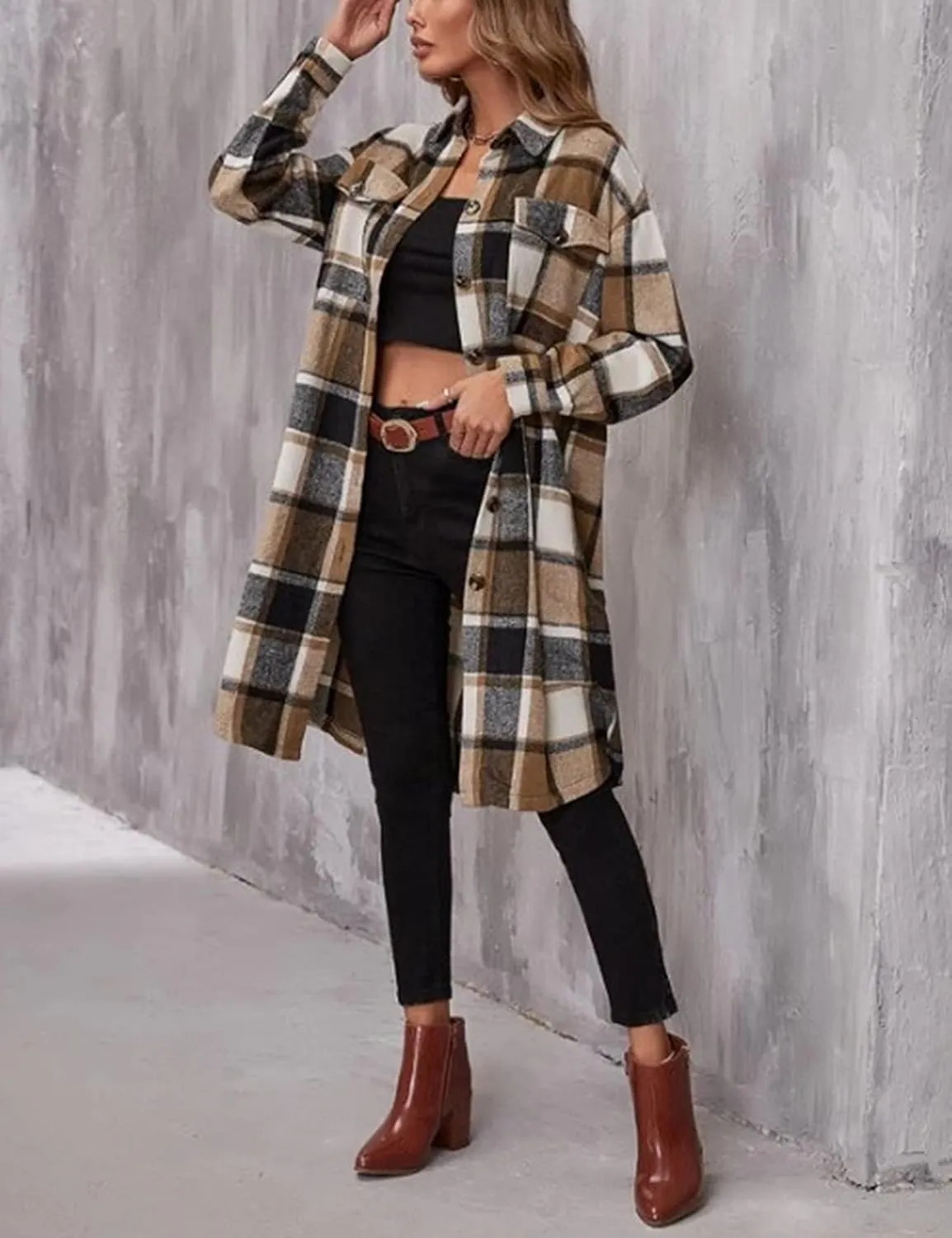 Women's Long Plaid Shirt Jacket Shacket Casual Lapel Button Down Wool Blend Tartan Trench Coat with Pockets