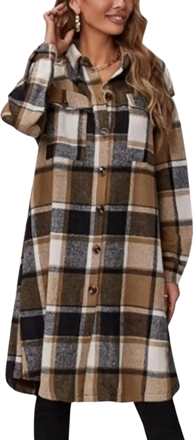 Women's Long Plaid Shirt Jacket Shacket Casual Lapel Button Down Wool Blend Tartan Trench Coat with Pockets