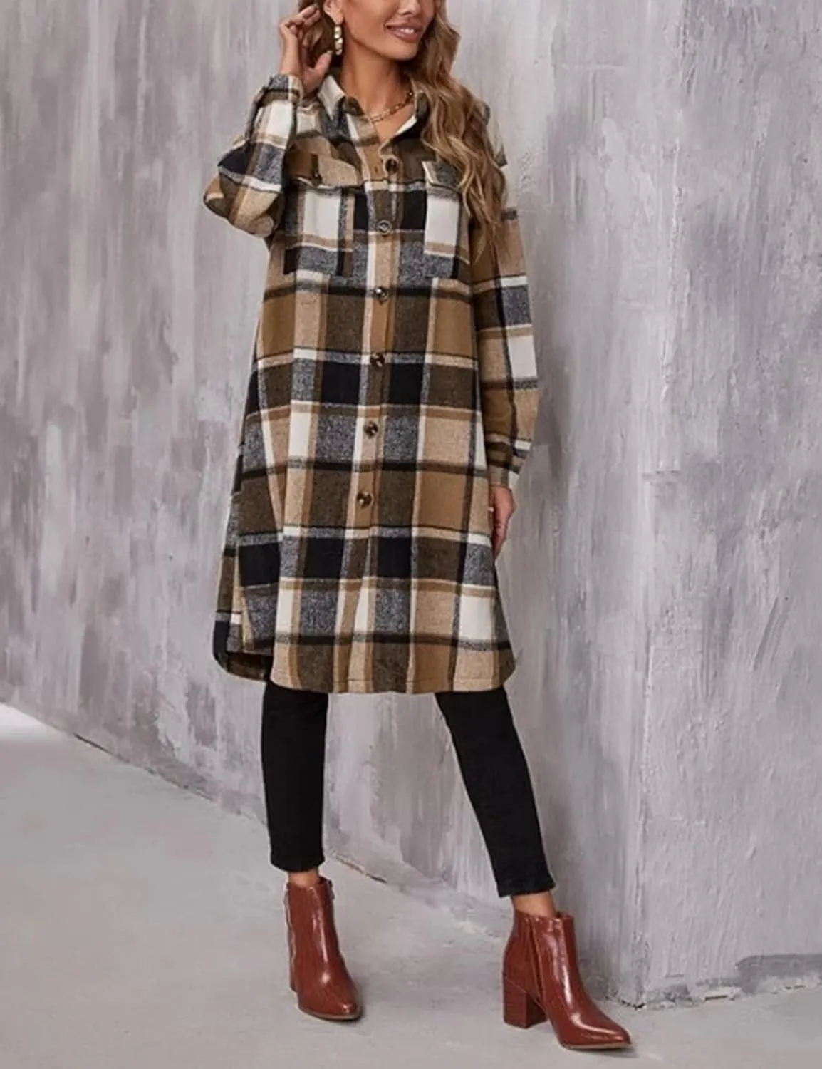 Women's Long Plaid Shirt Jacket Shacket Casual Lapel Button Down Wool Blend Tartan Trench Coat with Pockets