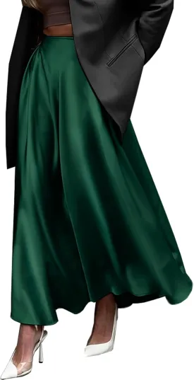 Womens Satin High Waist Elastic Midi Skirt Satin Maxi Skirt Silk Elegant Long Trendy A-Line Midi Skirts