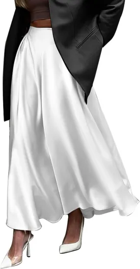 Womens Satin High Waist Elastic Midi Skirt Satin Maxi Skirt Silk Elegant Long Trendy A-Line Midi Skirts