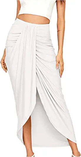 Womens Skirts Midi Length Basic Pleated High Waisted Wrap Ruched Bodycon Trendy Summer Asymmetrical Pencil Skirt