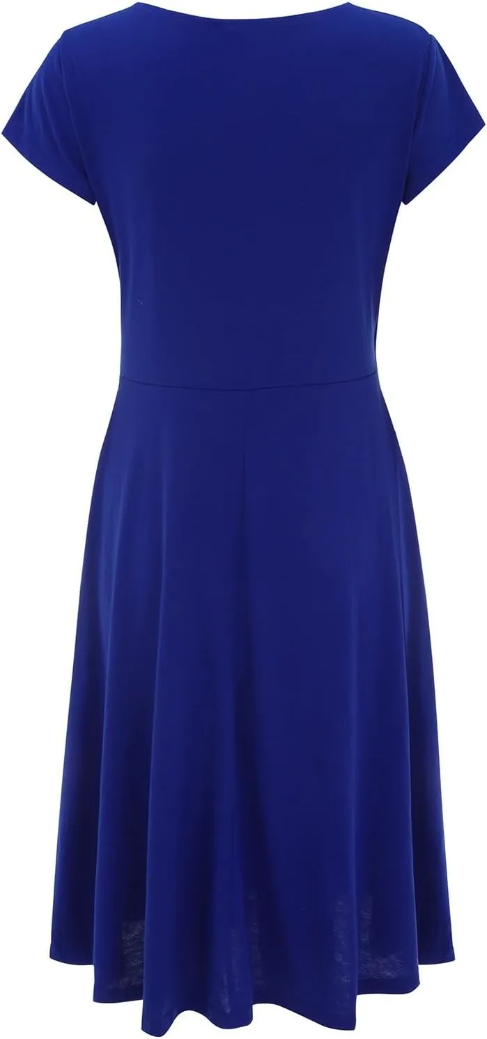 Womens Summer 1950s Vintage Dress Wrap V Neck Cap Sleeve Cocktail Swing Aline Flared Flowy Midi Dresses