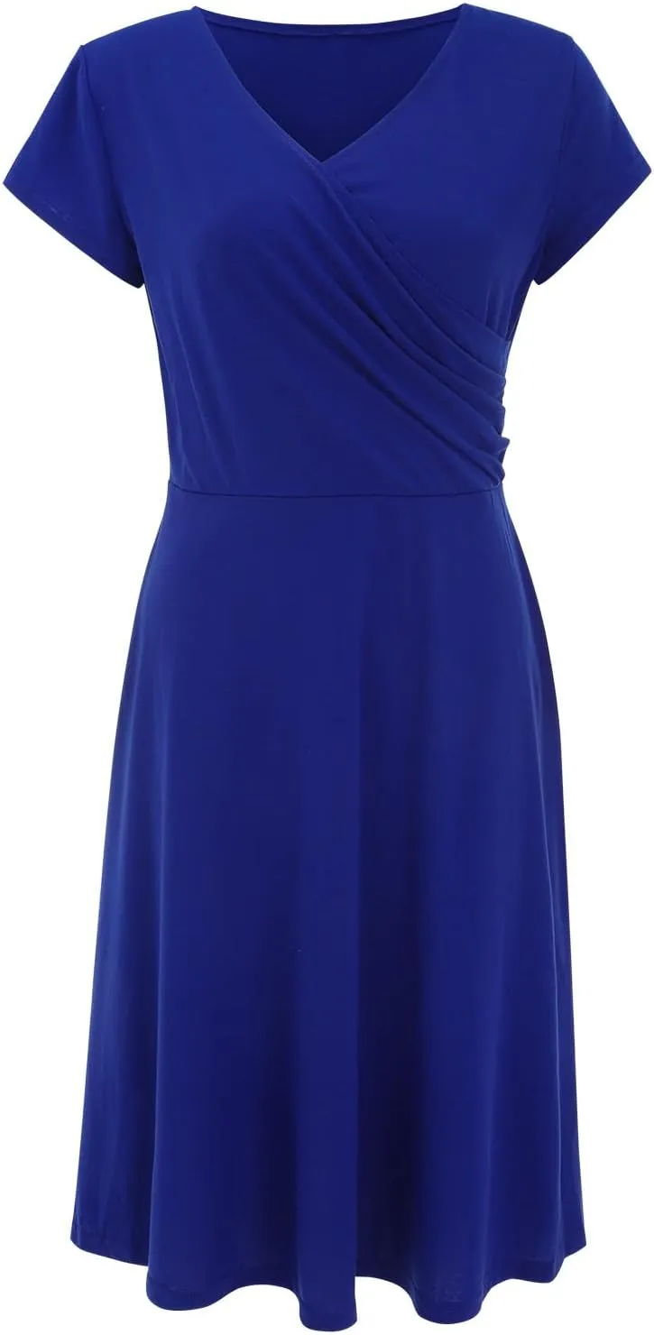 Womens Summer 1950s Vintage Dress Wrap V Neck Cap Sleeve Cocktail Swing Aline Flared Flowy Midi Dresses
