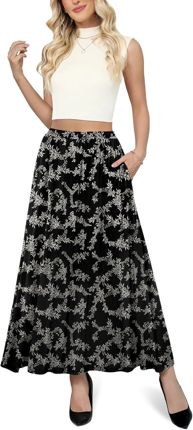 Yincro Womens Maxi Skirt Casual Flowy Elastic High Waist Long Skirts with Pockets