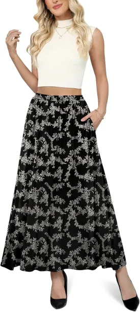 Yincro Womens Maxi Skirt Casual Flowy Elastic High Waist Long Skirts with Pockets