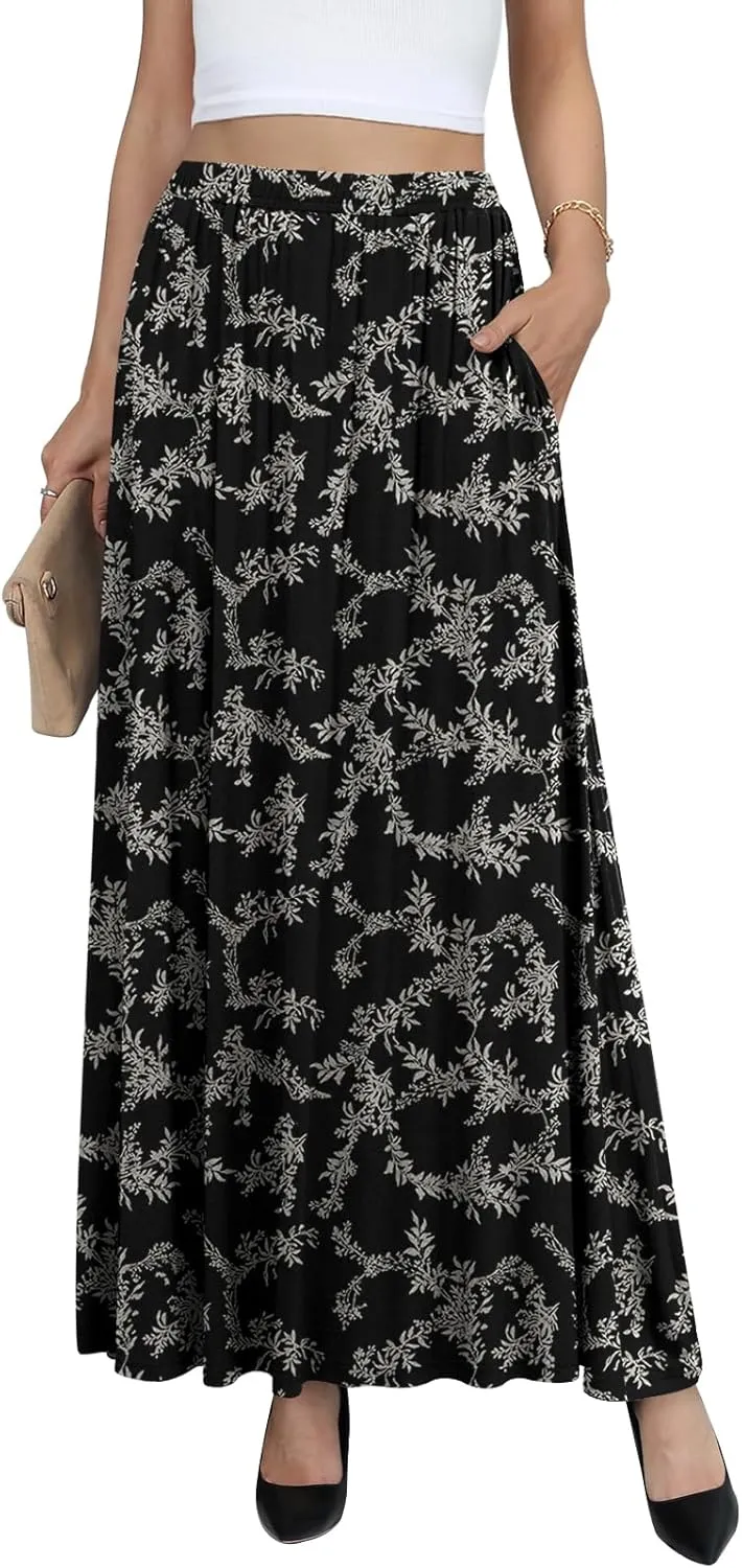 Yincro Womens Maxi Skirt Casual Flowy Elastic High Waist Long Skirts with Pockets