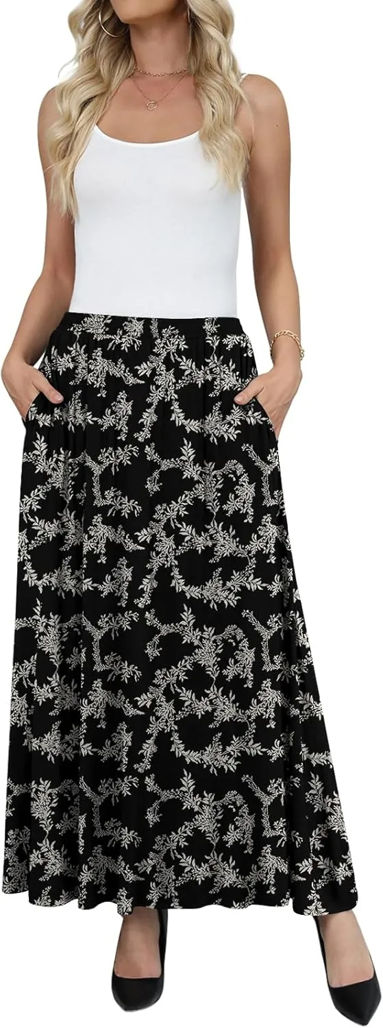 Yincro Womens Maxi Skirt Casual Flowy Elastic High Waist Long Skirts with Pockets